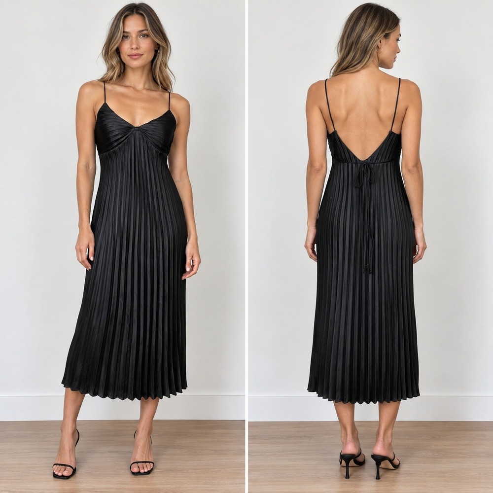 Linea Donatella Pleated Dress V-Back Spaghetti Strap Glam Chic Size S